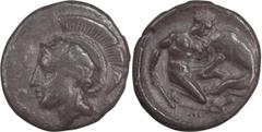 Ancient Greek Calabria, Tarentum. Alexandria Diobol; Calabria, Tarentum; c. 380-334 BC, Diobol, 1.12g. Vlasto-1284. Obv: Head of Athena l. wearing crested helmet on which wreath and wing. Rx: Herakles