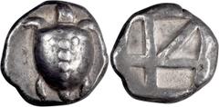 Ancient Greek Attica, Aegina. Stater; Attica, Aegina; 490-458 BC, Stater, 12.28g. Cf. Asyut-522 and Sear-2594. Obv: Smooth-shelled turtle, with row of dots down the middle and across the top of the sh