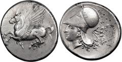 Ancient Greek Corinthia, Corinth. Stater; Corinthia, Corinth; 330-300 BC, Stater, 8.52g. Calciati-420, BM-350. Obv: Pegasus flying l. Rx: Head of Athena l., wearing Corinthian helmet; beneath chin I; 