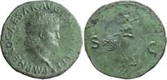 Roman Imperial Nero. 40-as; Nero; 54-68 AD, Lugdunum, 66-8 AD, As, 10.13g. BM-381, C-302, Paris-155, RIC-543. Obv: IMP NERO CAESAR AVG P MAX TR P P P Head bare r., globe below neck. Rx: S - C Victory 