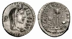 RÖMISCHE REPUBLIK. M. Iunius Brutus mit L. Sestius 43-42 v. Chr. Denar. -Heeresmünzstätte der Republikaner in Kleinasien (Lykien?)-. Drapierte und verschleierte Libertasbüste nach rechts, darum L SEST