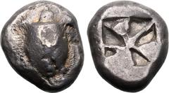 ANCIENT GREECE. AEGINA. Silver tetradrachm, 456-431BC. Islands off Attica, Aegina. Sea-tortoise (Chelone Caouana) or common loggerhead turtle. / Incuse square divided by lines. Weight: 12.18 g. Compos