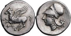 ANCIENT GREECE. CORINTH. Silver stater, 4th century BC. Corinth. Winged Pegasus facing left, koppa below. / Head of Athena in Corinthian helmet facing left, with small figure of Artemis holding a spea