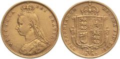 UNITED KINGDOM. Victoria, 1837-1901. Gold half-sovereign, 1892. London. No JEB High shield DISH L514. The production of half-sovereigns was held back for several years to steer the public towards incr