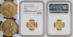 MS 65 | ALBANIA. Ahmet Zogu. Gold 20 franga, 1927 V. Winged Venetian Lion; ALBANIA - SHQIPNI Fr:A 20 V 1927,/Skanderbeg facing right; G·KASTRIOTI · SKANDERBEGU. In secure plastic holder, graded NGC MS