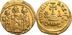 About Extremely Fine | BYZANTINE EMPIRE. Heraclius. Gold solidus, IY 11 = AD 637/8. Constantinople. Obv: Heraclius flanked by Heraclius Constantine and Heraclonas, all standing facing and holding glob