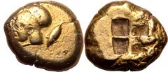 ANCIENT GREECE. MYSIA, KYZIKOS. Electrum stater, circa 550-450 BC. Obv: helmeted head of Athena left; tunny downwards behind. Rev: quadripartite incuse square. Good Very Fine; obv. struck off-centre. 