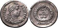 Roman Empire Good Very Fine; well-centred | ROMAN EMPIRE. Valens. Silver siliqua, AD 367-375. Antioch. Obv: D N VALENS PER AVG, pearl-diademed, draped and cuirassed bust right. Rev: VOT X MVLT XX writ