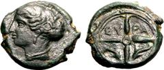 B. Magna Graecia Good Very Fine | MAGNA GRAECIA. SICILY, SYRACUSE. temp. Second Democracy. Bronze hemilitron, circa 410-405 BC. Obv: head of Arethusa left. Rev: ΣY-PA, four-spoked wheel; two dolphins 
