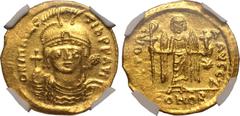 H. Byzantine Empire MS Strike: 4/5 Surface: 3/5, edge bend | BYZANTINE EMPIRE. Maurice Tiberius. Gold lightweight solidus, AD 583-602. Constantinople. Obv: ∂ N MAVRC ƮIЬ P P AVI, helmeted, draped and 