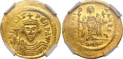 H. Byzantine Empire MS Strike: 4/5 Surface: 4/5 | BYZANTINE EMPIRE. Phocas. Gold solidus, AD 603-607. Constantinople. Obv: ∂ N FOCAS PЄRP AVC, draped and cuirassed bust facing, holding globus cruciger