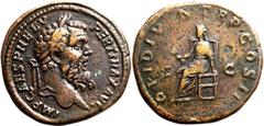 Roman Empire Very Fine; lightly smoothed, a bold portrait | ROMAN EMPIRE. Pertinax. Bronze sestertius, AD 193. Rome. Obv: IMP CAES P HELV PERTINAX AVG, laureate head right. Rev: OPI DIVIN TR P COS II,