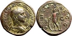 Roman Empire Very Fine; light cleaning marks to fields | ROMAN EMPIRE. Gordian I 'Africanus'. Bronze sestertius, AD 238. Rome. Obv: IMP CAES M ANT GORDIANVS AFR AVG, laureate, draped and cuirassed bus