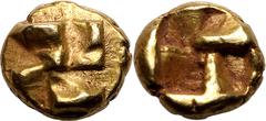 Extremely Fine | ANCIENT GREECE. IONIA, UNCERTAIN MINT. Electrum myshemihekte - 1/24 stater, circa 600-500 BC. Phokaic standard. Obv: raised clockwise swastika pattern. Rev: quadripartite square punch