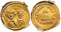 Ch XF Strike: 5/5 Surface: 2/5, graffito | BYZANTINE EMPIRE. Heraclius. Gold solidus, AD 616-625. Constantinople. Obv: ∂∂ NN ÒºÐ„RACLIÐ§S Ð„Æ® ÒºÐ„RA CONST P P A, facing busts of Heraclius and Heracli