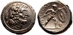 MAGNA GRAECIA. BRUTTIUM, THE BRETTII. Bronze 23mm, circa 214-211 BC. Obv: laureate head of Zeus right, thunderbolt behind. Rev: BPETTIΩN, warrior brandishing shield and spear right; bunch of grapes to