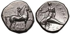 MAGNA GRAECIA. CALABRIA, TARENTUM. Silver nomos, circa 302-280 BC. Arethon, Sa-, and Cas-, magistrates. Obv: youth on horseback right, holding reins and crowning horse; ΣA to left, APEΘΩN in two lines