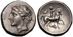 MAGNA GRAECIA. CALABRIA, TARENTUM. Silver nomos, circa 281-228 BC. Campano-Tarentine Series. Obv: diademed head of the nymph Satyra left, wearing triple-drop earring. Rev: youth on horseback right, cr