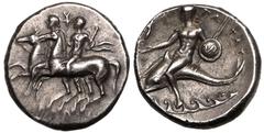 MAGNA GRAECIA. CALABRIA, TARENTUM. Silver nomos, circa 280-272 BC. Phy-, Sodamos and Gu-, magistrates. Obv: the Dioskouroi riding left; monogram above. Rev: Taras riding dolphin left, holding two spea