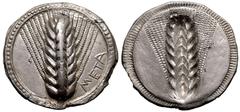 MAGNA GRAECIA. LUCANIA, METAPONTION. Silver stater, circa 510-470 BC. Obv: ear of barley, META to lower right; all within cable border. Rev: incuse ear of barley within rayed border. Good Very Fine. R