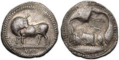 MAGNA GRAECIA. LUCANIA, SYBARIS. Silver stater, circa 530-510 BC. Obv: bull standing to left, head reverted; VM in exergue. Rev: incuse bull standing right, head reverted.Good Very Fine. Reference: SN