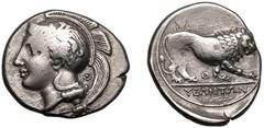 MAGNA GRAECIA. LUCANIA, VELIA. Silver didrachm, circa 340-334 BC. Obv: head of Athena left, wearing crested Attic helmet decorated with griffin; Θ behind neck. Rev: YEΛHTΩN, lion advancing right; Θ be