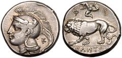 MAGNA GRAECIA. LUCANIA, VELIA. Silver didrachm, circa 300-280 BC. Philistion Group. Obv: head of Athena left, wearing crested Attic helmet decorated with wing; K behind. Rev: lion standing left; trisk