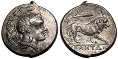 MAGNA GRAECIA. LUCANIA, VELIA. Silver didrachm, circa 300-280 BC. Philistion group. Obv: head of Athena right, wearing laureate helmet decorated with wing; monogram behind neck guard, Φ below chin. Re