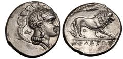 MAGNA GRAECIA. LUCANIA, VELIA. Silver didrachm, circa 300-280 BC. Philistion group. Obv: head of Athena right, wearing laureate helmet decorated with wing; monogram behind neck guard, Φ below chin. Re