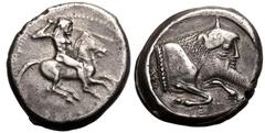 MAGNA GRAECIA. SICILY, GELA. Silver didrachm, circa 490-475 BC. Obv: horseman riding right, preparing to cast javelin. Rev: forepart of man-headed bull right; CΕΛΑΣ below; all within circular incuse. 