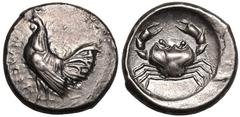 MAGNA GRAECIA. SICILY, HIMERA. Silver didrachm, circa 483-472 BC. Obv: Cock standing left, HIMERA before. Rev: crab within circle incuse.Extremely Fine; a terrific example with a lovely old cabinet to