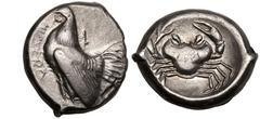 MAGNA GRAECIA. SICILY, HIMERA. Silver didrachm, circa 483-472 BC. Obv: Cock standing left, HIMERA before. Rev: crab within circle incuse. Good Very Fine; small die-break on obv. Reference: HGC 2-438; 