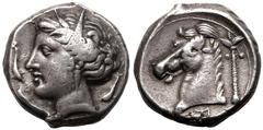MAGNA GRAECIA. SICILY, SICULO-PUNIC, 'THE CAMP' (ENTELLA?). Silver tetradrachm, circa 350-300 BC. Obv: wreathed head of Tanit-Persephone left, wearing earring and necklace; pellet before, four dolphin