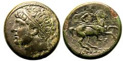 MAGNA GRAECIA. SICILY, SYRACUSE. temp. Hieron II. Bronze ae27, circa 230-215 BC. Obv: diademed male head left. Rev: warrior, holding lance, on horse prancing to right; Σ below, IEPΩNOΣ in exergue. Goo