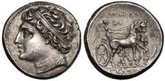 MAGNA GRAECIA. SICILY, SYRACUSE. temp. Gelon II. Silver 8 litrai, circa 218-214 BC. Obv: diademed head left. Rev: ΣΥΡΑΚΟΣΙΟΙ ΓΕΛΩΝΟΣ, Nike driving slow quadriga right; BA above reins, MI before horses