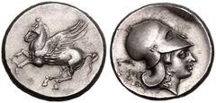 ANCIENT GREECE. CORINTHIA, CORINTH. Silver stater, circa 4th century BC. Obv: Pegasos flying left. Rev: head of Athena right, wearing Corinthian helmet; uncertain symbol behind. About Good Extremely F