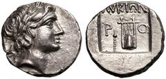 ANCIENT GREECE. LYCIA, RHODIAPOLIS. Silver drachm, circa 167-81 BC. Struck as a member of the Lycian League. Obv: laureate head of Apollo right; bow and quiver over shoulder. Rev: P-O flanking kithara