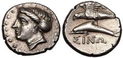 ANCIENT GREECE. PAPHLAGONIA, SINOPE. Silver drachm, circa late 4th Century BC. Uncertain magistrate (Agreos?). Obv: head of nymph Sinope left. Rev: eagle flying left clutching dolphin, ΣΙΝΩ below, A[.