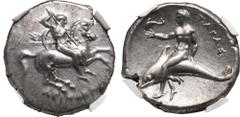 MAGNA GRAECIA. CALABRIA, TARENTUM. Silver nomos, circa 302-280 BC. Si- and Deinokrates, magistrates. Obv: rider on horseback right, holding lance, shield and two javelins; ΣI behind, ΔEINOKPATHΣ below
