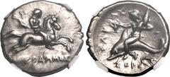 MAGNA GRAECIA. CALABRIA, TARENTUM. Silver nomos, circa 280-270 BC. Nikodamos, Eu- and Zor-, magistrates. Obv: horseman galloping right, holding reins with both hands; ΣY in upper left field, NIKOΔAMOΣ