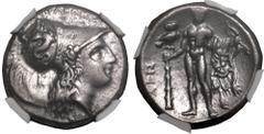 MAGNA GRAECIA. LUCANIA, HERAKLEIA. Silver stater, circa 281-278 BC. Obv: head of Athena right, wearing crested Corinthian helmet decorated with Skylla; HPAKΛHIΩN above, E behind. Rev: Herakles standin