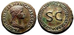 ROMAN EMPIRE. Agrippina Senior. Bronze Sestertius, AD 42-43. Rome. Obv: AGRIPPINA M F GERMANICI CAESARIS, draped bust right, hair in long plait. Rev: TI CLAVDIVS CAESAR AVG GERM P M TR P IMP P P aroun