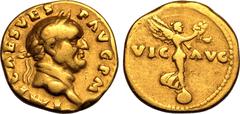 ROMAN EMPIRE. Vespasian. Gold Aureus, AD 71. Rome. 'Judaea Capta' commemorative. Obv: IMP CAES VESP AVG P M, laureate head right. Rev: Victory standing right on globe, holding wreath and palm; VIC-AVG
