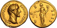 ROMAN EMPIRE. Antoninus Pius. Gold Aureus, AD 150-151. Rome. Obv: ANTONINVS AVG PIVS P P TR P XIIII, bare head right. Rev: COS IIII, Aequitas, draped, standing left, holding scales and cornucopiae. Ab