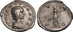 ROMAN EMPIRE. Julia Maesa (grandmother of Elagabalus). Silver Denarius, AD 218-222. Rome. Obv: IVLIA MAESA AVG, draped bust right. Rev: IVNO, Juno standing left, holding patera and sceptre. Good Very 