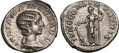 ROMAN EMPIRE. Julia Mamaea (mother of Severus Alexander). Silver Denarius, AD 222-235. Rome. Obv: IVLIA MAMAEA AVG, draped bust right. Rev: IVNO CONSERVATRIX, Juno standing left, holding patera and sc
