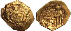 BYZANTINE EMPIRE. Andronicus II Palaeologus. Gold Hyperpyron, AD 1282-1295. Constantinople. Obv: nimbate and draped bust of the Virgin, orans, within city walls; A and uncertain siglos below. Rev: And