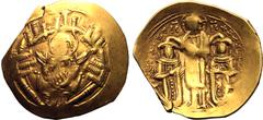 BYZANTINE EMPIRE. Andronicus II 'Palaeologus', with Michael IX. Gold Hyperpyron, AD 1303-1320. Constantinople. Obv: half-length figure of the Virgin Mary, orans, within city walls with six towers; I-I