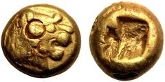 ANCIENT GREECE. KINGDOM OF LYDIA. temp. Alyattes - Kroisos. Electrum Hemihekte - 1/12 Stater, circa 600-561 BC. Sardes. Obv: head of roaring lion right, sunburst on forehead. Rev: incuse square punch.