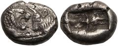 ANCIENT GREECE. KINGDOM OF LYDIA. Kroisos. Silver 1/16 Stater, circa 561-546 BC. Sardes. Obv: confronted foreparts of lion right and bull left. Rev: incuse square. About Extremely Fine; a fine example